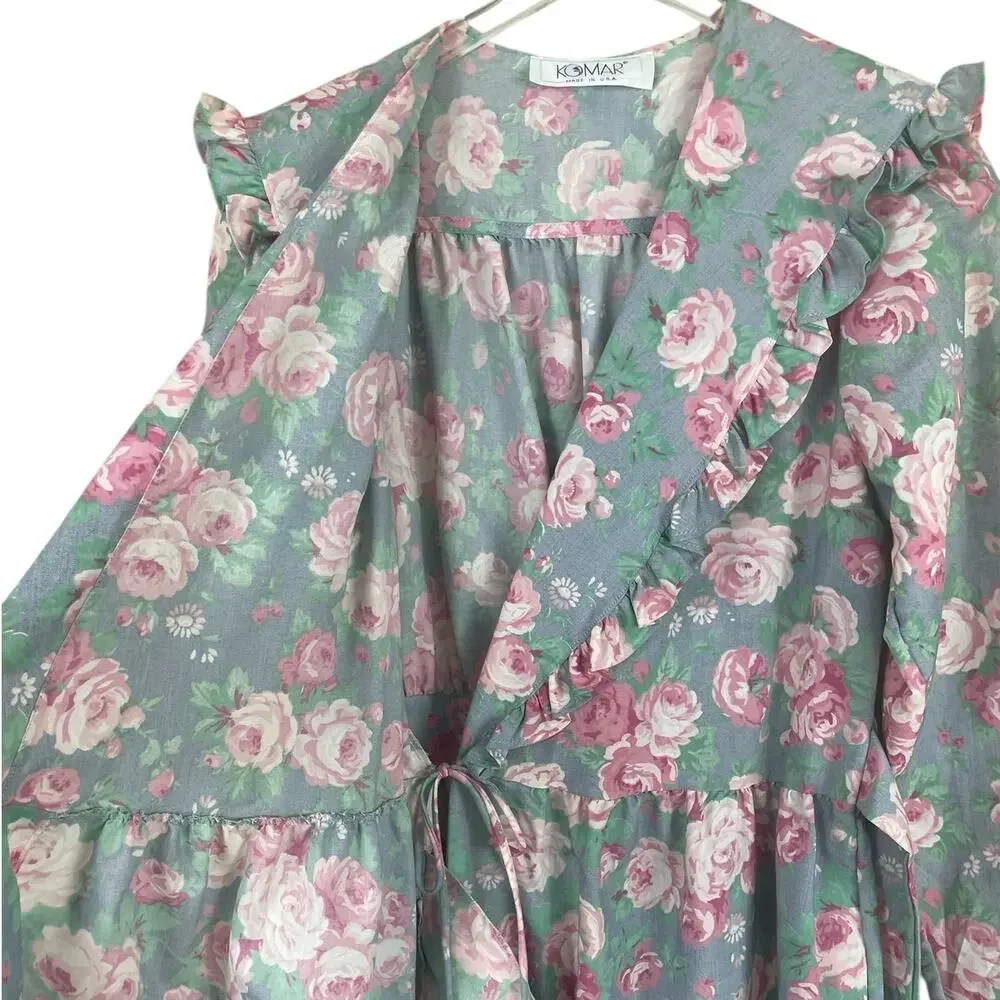 Vintage Komar Floral Robe Housecoat Ruffles Cottage Coquette USA Size Small - Picture 11 of 16